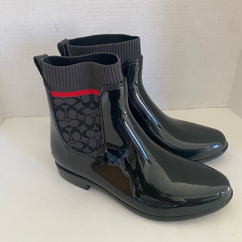 Coach Rivington Signature Knit Black Pull-On Ankle Rain Boot Size 9